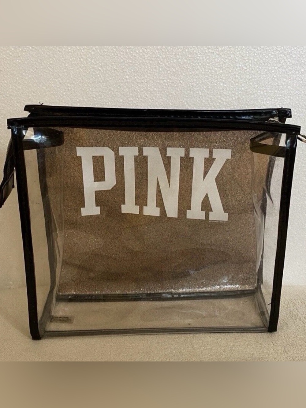 Victoria Secret PINK clear w/ glitter plastic cosmetic bag, travel bag - Vintage